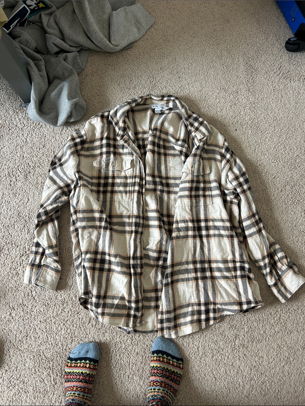 Old Navy Cream and Brown Plaid Utility Jacket